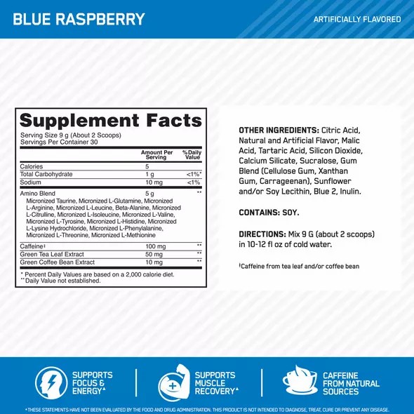 Optimum Nutrition ESSENTIAL AMIN.O. ENERGY® Blue Raspberry 0.6 lb (30 Servings) Danmark | RMBNXK703