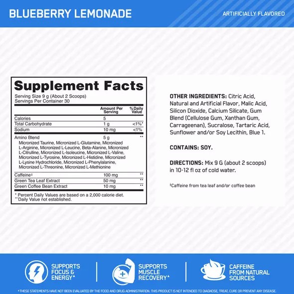 Optimum Nutrition ESSENTIAL AMIN.O. ENERGY® Blueberry Lemonade 0.6 lb (30 Servings) Danmark | EBCSNR692