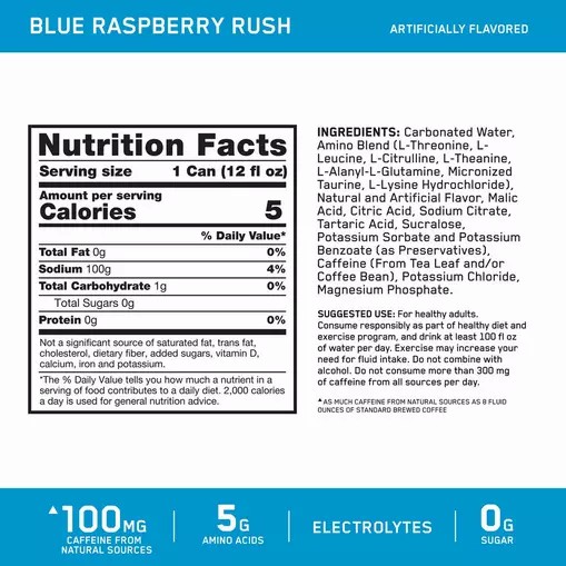 Optimum Nutrition ESSENTIAL AMIN.O. ENERGY+ Electrolytes Sparkling *new* Blue Raspberry Rush 355ml * 12 Cans (12 Servings) Danmark | ANPHGI145