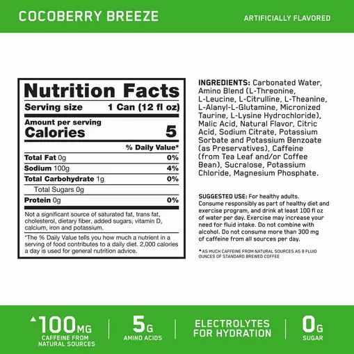 Optimum Nutrition ESSENTIAL AMIN.O. ENERGY+ Electrolytes Sparkling *new* Cocoberry Breeze 355ml * 12 Cans (12 Servings) Danmark | IOBMJQ531