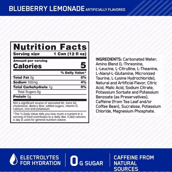 Optimum Nutrition ESSENTIAL AMIN.O. ENERGY+ Electrolytes Sparkling Blueberry Lemonade 355ml * 12 Cans (12 Servings) Danmark | PNKAIZ716