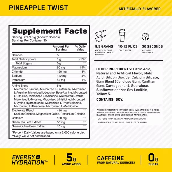 Optimum Nutrition Essential AMIN.O. ENERGY + Electrolytes Pineapple Twist 0.63 lb (30 Servings) Danmark | XDKUFL812