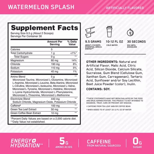 Optimum Nutrition Essential AMIN.O. ENERGY + Electrolytes Watermelon Splash 0.63 lb (30 Servings) Danmark | CEUKLR804