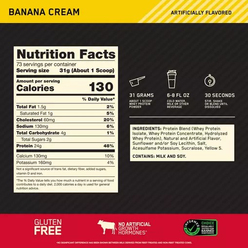 Optimum Nutrition GOLD STANDARD 100% WHEY™ Banana Cream 5 lb (73 Servings) Danmark | LAISRJ294