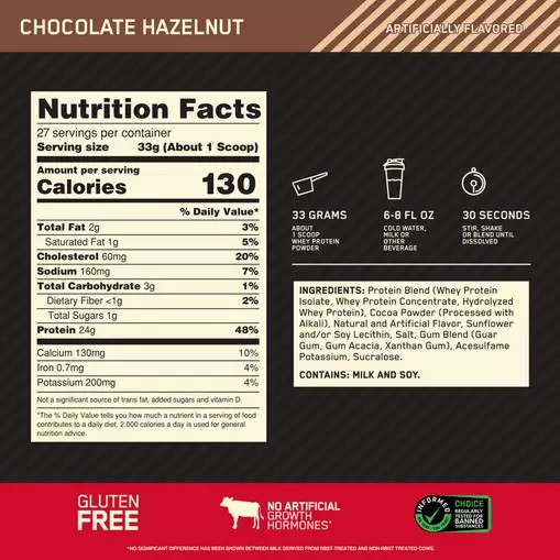 Optimum Nutrition GOLD STANDARD 100% WHEY™ Chocolate Hazelnut 2 lb (27 Servings) Danmark | ANETWQ103