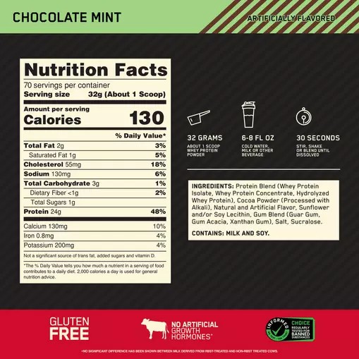 Optimum Nutrition GOLD STANDARD 100% WHEY™ Chocolate Mint 5 lb (70 Servings) Danmark | MDVTUC631