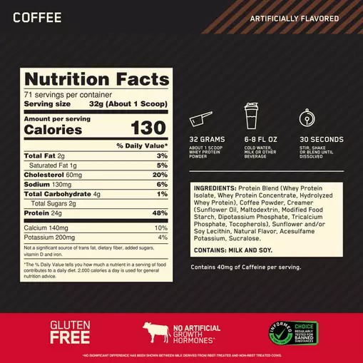 Optimum Nutrition GOLD STANDARD 100% WHEY™ Coffee 5 lb (71 Servings) Danmark | BWMNHY035