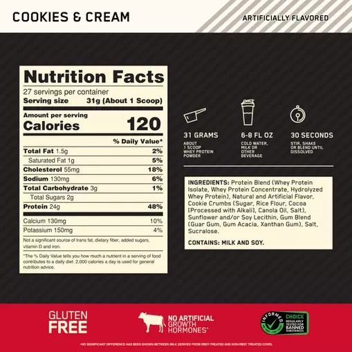 Optimum Nutrition GOLD STANDARD 100% WHEY™ Cookies & Cream 2 lb (27 Servings) Danmark | NMZVJF410