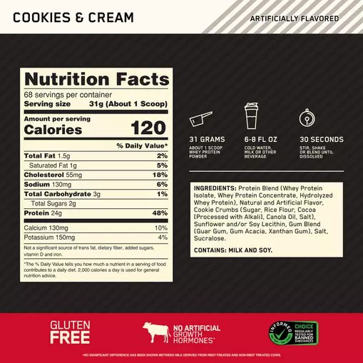 Optimum Nutrition GOLD STANDARD 100% WHEY™ Cookies & Cream 5 lb (68 Servings) Danmark | MXPLHJ978