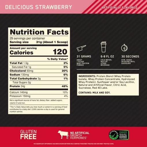 Optimum Nutrition GOLD STANDARD 100% WHEY™ Delicious Strawberry 2 lb (29 Servings) Danmark | CSLEAM469