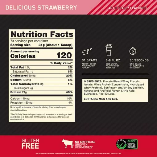 Optimum Nutrition GOLD STANDARD 100% WHEY™ Delicious Strawberry 5 lb (73 Servings) Danmark | DIMLPO891