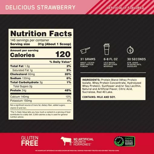 Optimum Nutrition GOLD STANDARD 100% WHEY™ Delicious Strawberry 10 lb (146 Servings) Danmark | UOBJWK875