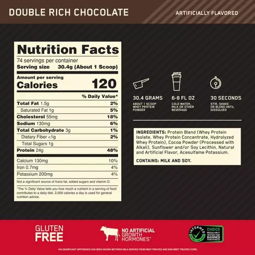 Optimum Nutrition GOLD STANDARD 100% WHEY™ Double Rich Chocolate 5 lb (74 Servings) Danmark | FWDZMA246