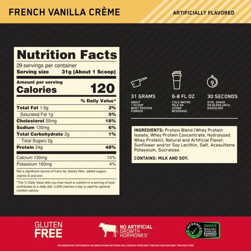 Optimum Nutrition GOLD STANDARD 100% WHEY™ French Vanilla Creme 2 lb (29 Servings) Danmark | DGRAHB421