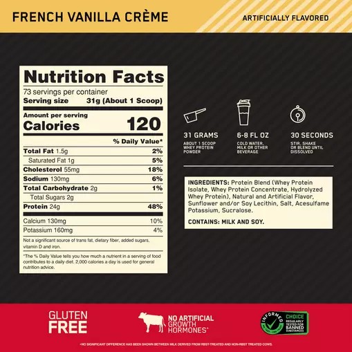 Optimum Nutrition GOLD STANDARD 100% WHEY™ French Vanilla Creme 5 lb (73 Servings) Danmark | XZBGTC713