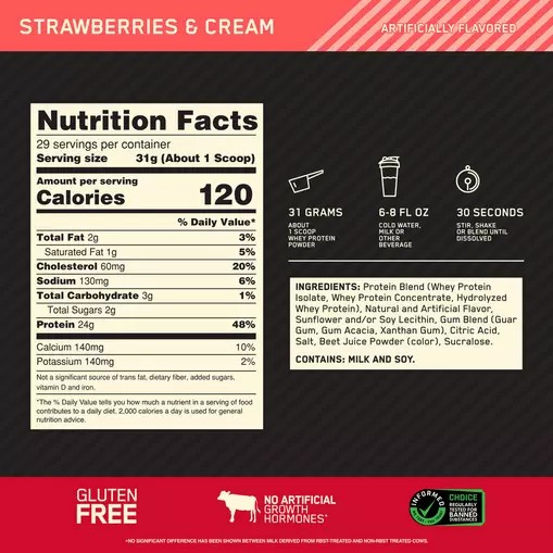 Optimum Nutrition GOLD STANDARD 100% WHEY™ Strawberries & Cream 2 lb (29 Servings) Danmark | TSMYOW015