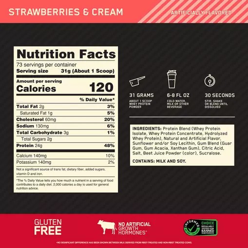 Optimum Nutrition GOLD STANDARD 100% WHEY™ Strawberries & Cream 5 lb (73 Servings) Danmark | TPNDGA257