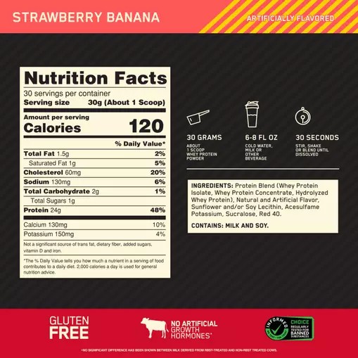 Optimum Nutrition GOLD STANDARD 100% WHEY™ Strawberry Banana 2 lb (30 Servings) Danmark | BNHJPS345