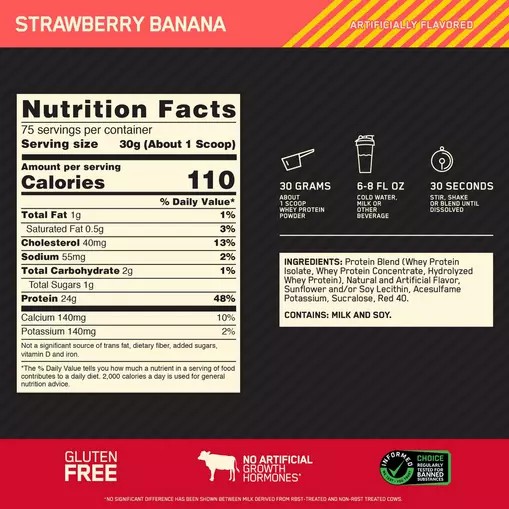 Optimum Nutrition GOLD STANDARD 100% WHEY™ Strawberry Banana 5 lb (75 Servings) Danmark | GMUQNW635