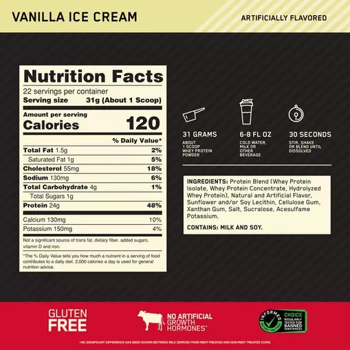 Optimum Nutrition GOLD STANDARD 100% WHEY™ Vanilla Ice Cream 1.5 lb (22 Servings) Danmark | KMOCUA493