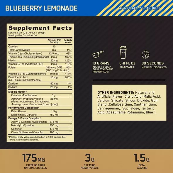 Optimum Nutrition GOLD STANDARD® Pre-Workout Blueberry Lemonade 0.66 lb (30 Servings) Danmark | VNCQAU608