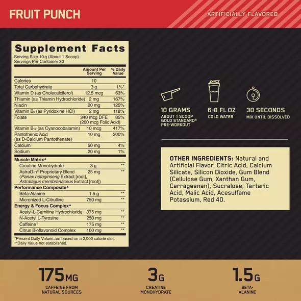 Optimum Nutrition GOLD STANDARD® Pre-Workout Fruit Punch 0.66 lb (30 Servings) Danmark | JXAKHP648