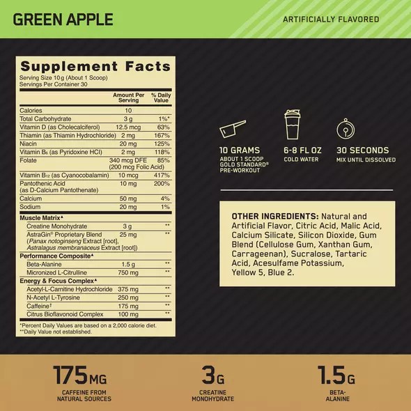 Optimum Nutrition GOLD STANDARD® Pre-Workout Green Apple 0.66 lb (30 Servings) Danmark | UBIMEZ796