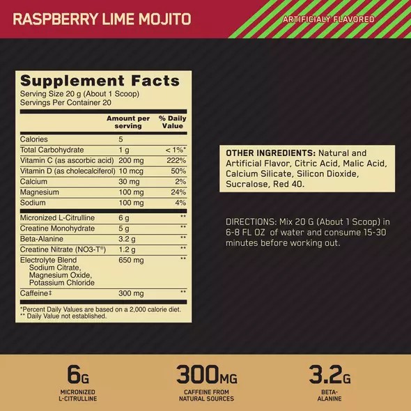 Optimum Nutrition GOLD STANDARD® Pre Advanced Raspberry Lime Mojito 0.88 lb (20 Servings) Danmark | AWOHTL478