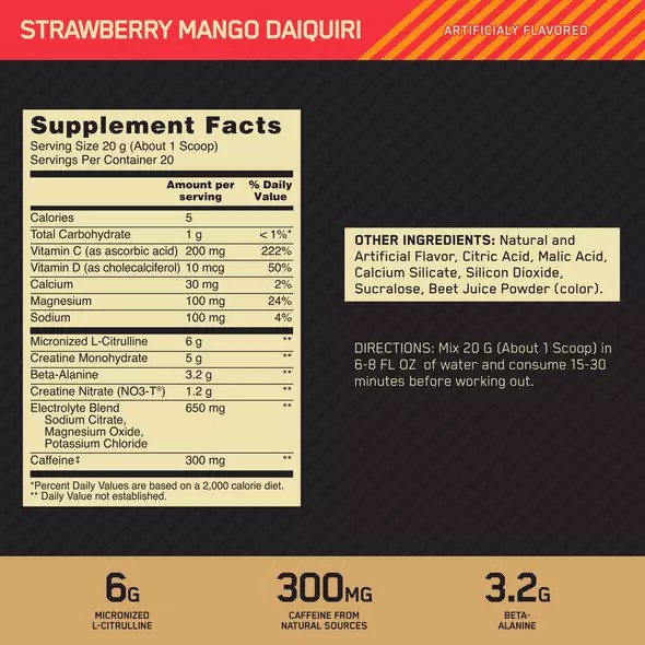 Optimum Nutrition GOLD STANDARD® Pre Advanced Strawberry Mango Daiquiri 0.88 lb (20 Servings) Danmark | LBWZIV259