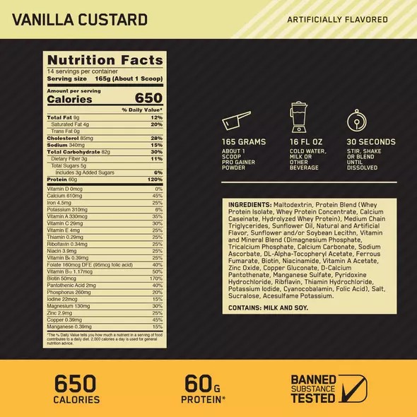 Optimum Nutrition GOLD STANDARD® Pro Gainer Vanilla Custard 10.19 lb (28 Servings) Danmark | LRQADB507