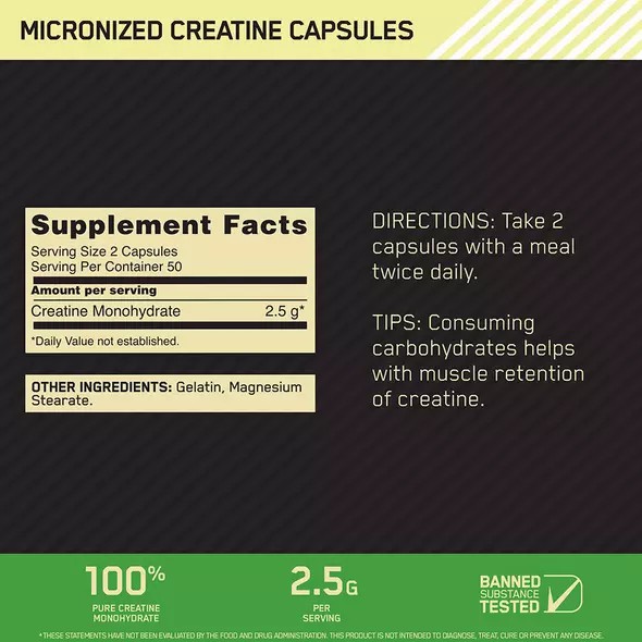 Optimum Nutrition Micronized Creatine Capsules 100 Capsules (50 Servings) Danmark | RNBFLQ305