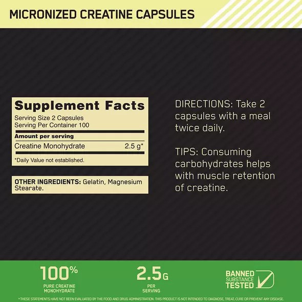 Optimum Nutrition Micronized Creatine Capsules 200 Capsules (100 Servings) Danmark | TPOSWG189