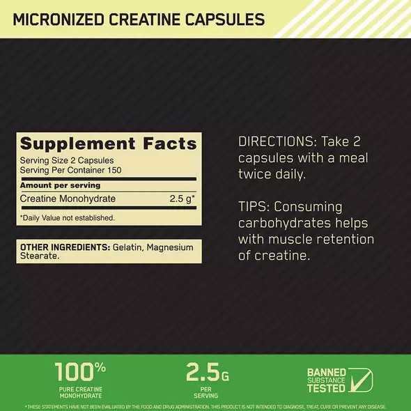 Optimum Nutrition Micronized Creatine Capsules 300 Capsules (150 Servings) Danmark | JUYSKI812