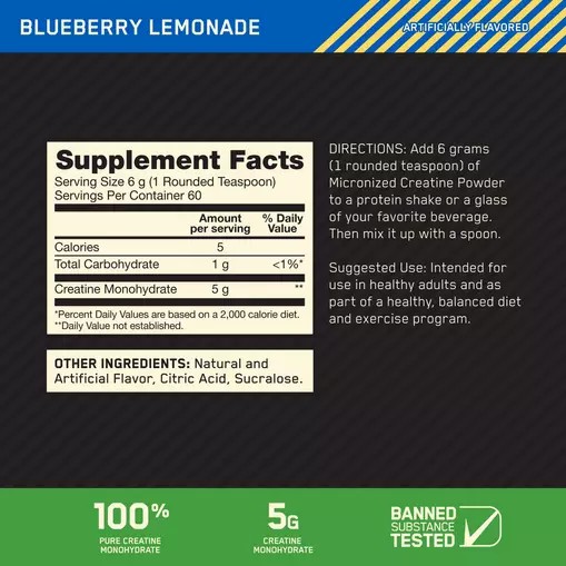 Optimum Nutrition Micronized Creatine Powder Blueberry Lemonade 0.79 lb (60 Servings) Danmark | PQRUYN215