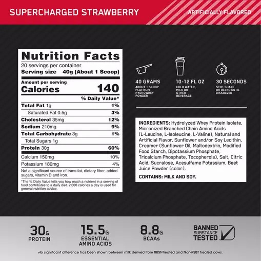 Optimum Nutrition PLATINUM HYDROWHEY™ Supercharged Strawberry 1.76 lb (20 Servings) Danmark | OQRIDC671