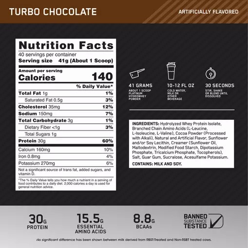 Optimum Nutrition PLATINUM HYDROWHEY™ Turbo Chocolate 3.61 lb (40 Servings) Danmark | MJHYLA068