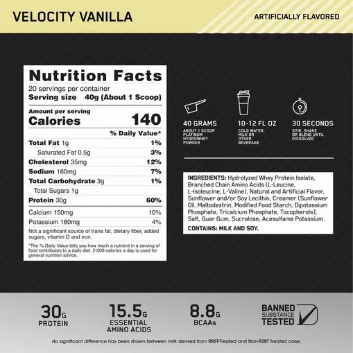 Optimum Nutrition PLATINUM HYDROWHEY™ Velocity Vanilla 1.76 lb (20 Servings) Danmark | IQJYNR572