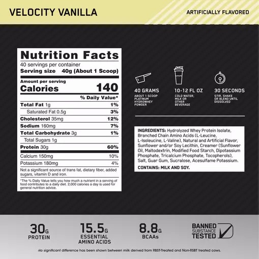 Optimum Nutrition PLATINUM HYDROWHEY™ Velocity Vanilla 3.52 lb (40 Servings) Danmark | KQACDI934