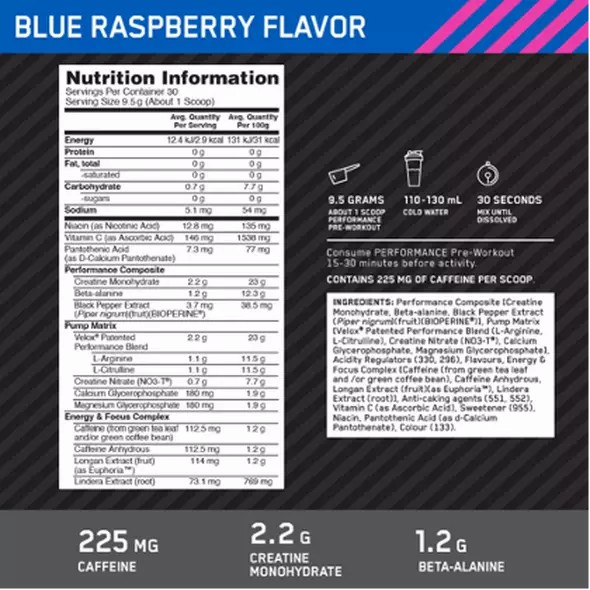 Optimum Nutrition Performance Pre-Workout Blue Raspberry 285g Danmark | UHIQAC246