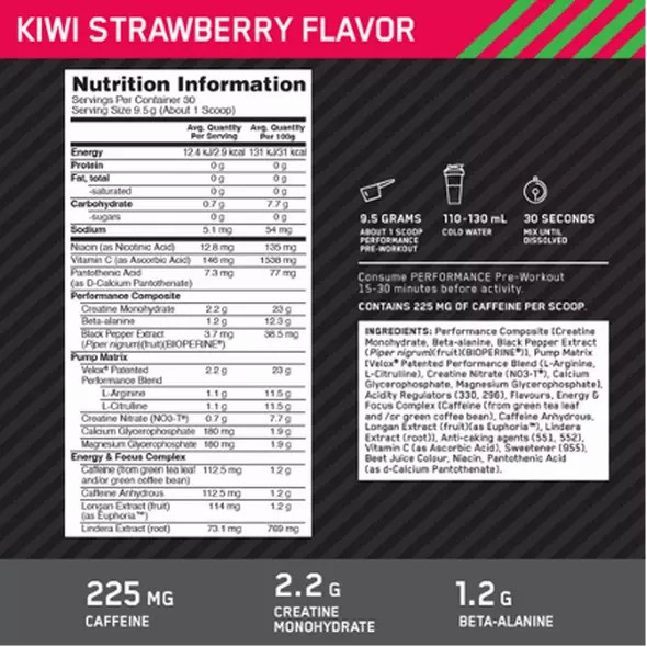 Optimum Nutrition Performance Pre-Workout Kiwi Strawberry 285g Danmark | KQRTLU328