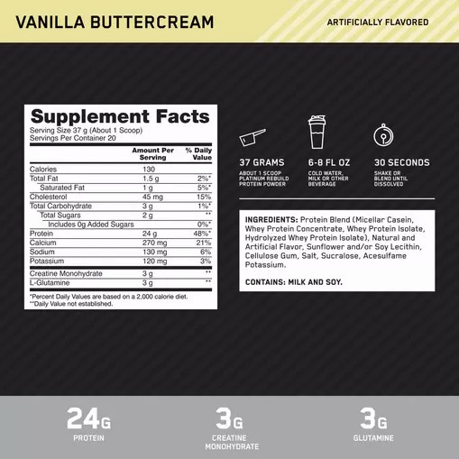 Optimum Nutrition Platinum Rebuild Vanilla Buttercream 1.63 lb (20 Servings) Danmark | OKLHZV439