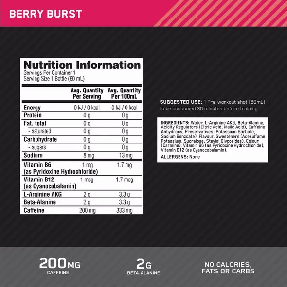 Optimum Nutrition Pure Pre 200 Pre-Workout Shot Berry 60ml (12 shots) Danmark | LZYDPI415