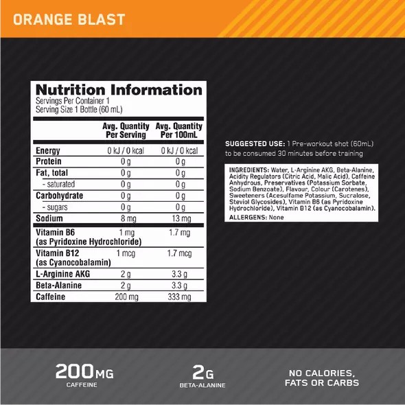 Optimum Nutrition Pure Pre 200 Pre-Workout Shot Orange 60ml (12 shots) Danmark | PAZXQR124