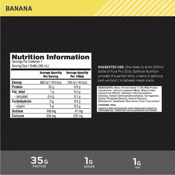 Optimum Nutrition Pure Pro 35 Banana 355ml (6 bottles) Danmark | KOGSZB518